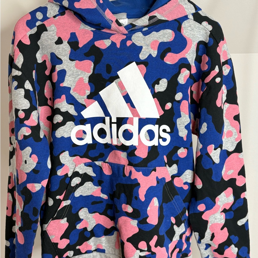 Adidas Women's Camo Hoodie in Blue, Pink, and Gray